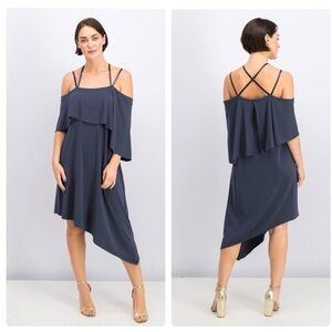 NWT BCBG MAXAZRIA KARLYN ASYMMETRICAL DRESS M Deep Ocean Blue Faux Leather Strap